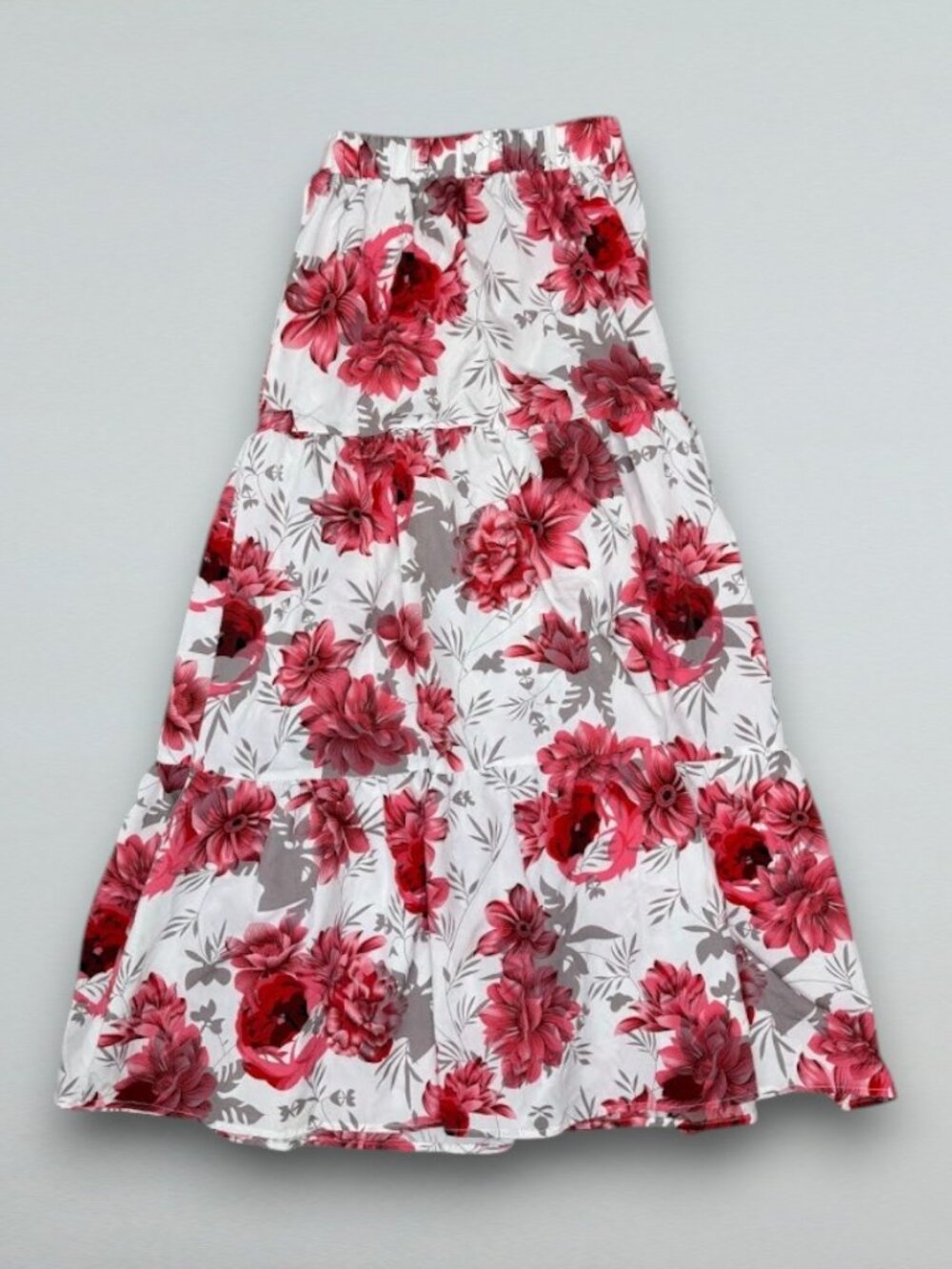 Floral Tiered Maxi Skirt White Red Pink Elastic Waist Boho Cottagecore Small - Picture 1 of 3